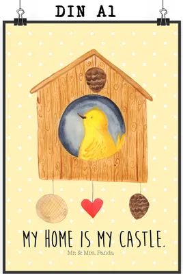 Produktbild von Mr. & Mrs. Panda Bild Vogel Haus DIN A1 - Gelb Pastell - Geschenk, Lustige Sprüche, kunstdruck poster, Zuhause, Castle, Plakat, Familie, drucke, wanddeko, Wandbild