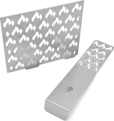 Two metal accessories with flame cutouts, likely for a grill, are displayed on a white background.