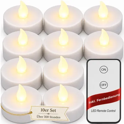 Produktbild von MONZANA® Teelichter LED +300H elektrisch flackernd mit Fernbedienung mit Batterien flammenlose realistische Kerzen hell warm weiß 10er Set je 3,7cm