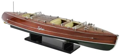 Produktbild von Casa Padrino Luxus Deko Speedboot Typhoon mit Massivholz Ständer Braun / Grün 95 x 22 x H. 23 cm - Handgefertigtes Deko Boot - Holzboot - Modellboot - Rennboot - Wohnzimmer Deko Accessoires