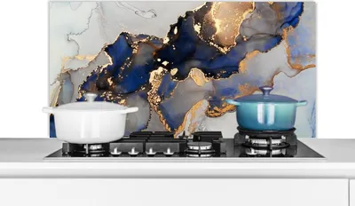 Produktbild von KitchenYeah®  Spritzschutz Küche - Küchenrückwand - Wandschutz für Herd und Spüle - Marmor - Blau - Gold 100x50 - Alu-Dibond (Alternative zum Spritzschutz aus Glas) - Hitzebeständig - Herdspritzschutz