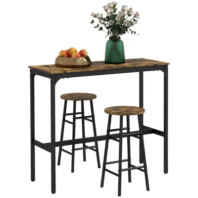 Image de HOMCOM Ensemble table de bar bistrot + 2 tabourets avec repose-pieds table mange-debout structure en acier design industriel table haute de cuisine plateau aspect brun rustique noir