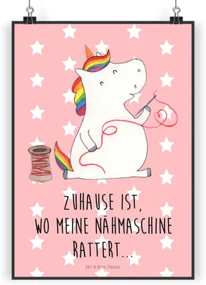 Produktbild von Mr. & Mrs. Panda Bild Einhorn Näherin DIN A4 - Rot Pastell - Geschenk, Einhörner, Basteln, wanddeko, Unicorn, Deko, typografie poster, Kunstdruck, Plakat, Freundin
