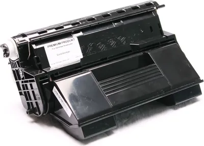 A black toner cartridge is shown on a white background.