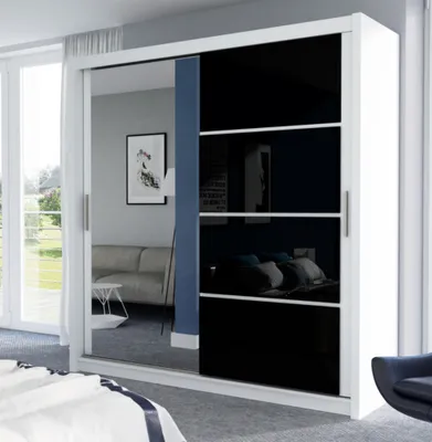 Produktbild von Schwebetürenschrank BRANDON 150 cm mit Spiegel, Kleiderschrank mit Schiebetüren, Schlafzimmerschrank, großer Stauraum (Weiss + Schwarz)