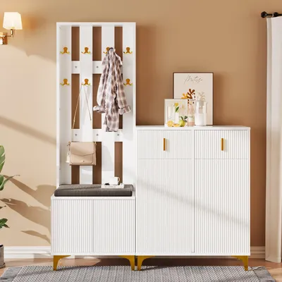 Produktbild von Sweiko Garderobenset mit Schuhbank und Kissen, Garderobenfront mit Haken, Schuhschrank mit Schubladen und Türen