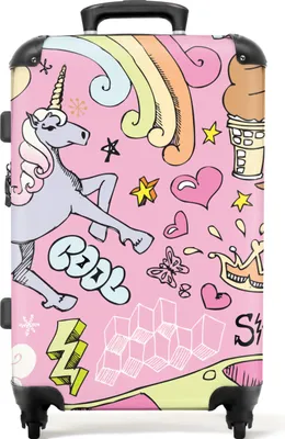 Produktbild von NoBoringSuitcases.com Kinder Koffer Mittelgroß 67x43x25 cm, 72L, Bunte Drucke für Mädchen: Rosa - Einhorn, Reisekoffer mit 4 Rollen