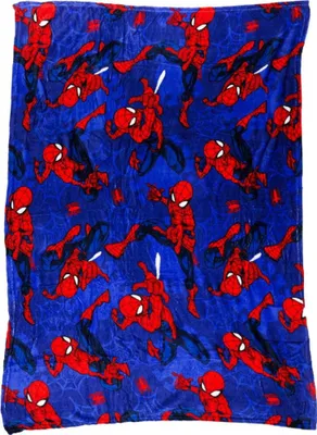 A blanket with a repeating pattern of Spiderman characters.