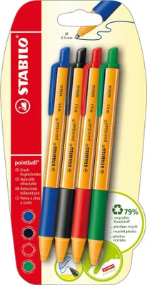 Produktbild von Druck-Kugelschreiber - STABILO pointball 4er Pack - blau, schwarz, rot, grün