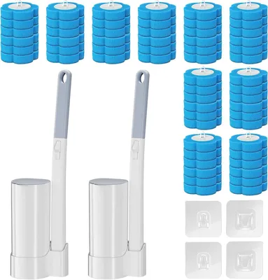 Produktbild von Einweg Toilettenbürsten Set mit WC Reiniger, 2 Stück Klobürsten und 60 Nachfüllpads, Verlängerter Griff und Halter, Wandmontage für die Badezimmerreinigung