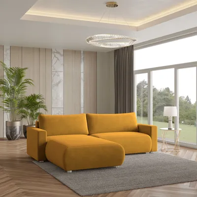 Zdjęcie produktu dla Masseno Narożnik TURIN M z funkcją spania i pojemnikiem na pościel Kształt L, Rozkładana sofa, Rogówka - Żółty, MONOLITH 48