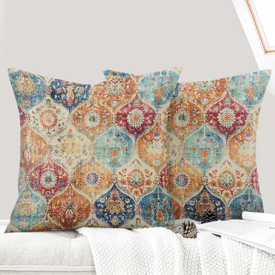 Zdjęcie produktu dla Komplet poszewek na poduszki, styl bohemy, wzór etniczny, 60 x 60 cm, idealne do salonu i sypialni