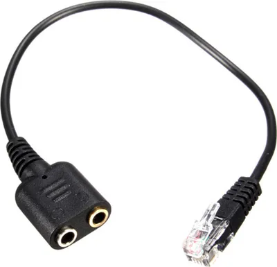 A black audio adapter cable with a dual 3.5mm female connector on one end and an RJ9 male connector on the other, shown against a white background.