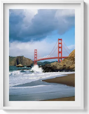 Produktbild von Meereswellen, Ufer und rote Brücke– Wandbild mit Rahmen – Gerahmtes Bild  – Wanddekoration – 60x80 cm –  Weiß Rahmen