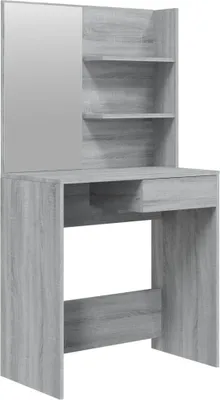 A light gray wooden vanity table with a mirror and shelves.