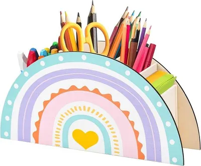 Produktbild von PolkaHome® Regenbogen Stiftehalter aus Holz mit 5 Fächern, Schreibtisch-Organizer für Kinder, Büro, Schule, Klassenzimmer,