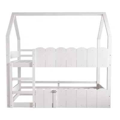 Produktbild von Flieks Etagenbett 90x200cm mit Rausfallschutz, Kinderbett Hausbett mit Tür, Hochbett Einzelbett mit Lattenrost für Kinderzimmer, Weiß