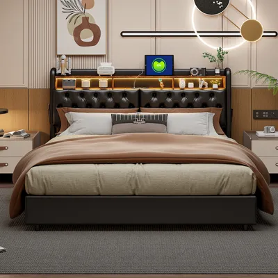 Immagine prodotto di CDGlobal letto imbottito 180x200cm con funzione di ricarica (USB), letto giovanile letto matrimoniale letto contenitore con LED, letto a molle idrauliche, PU, nero