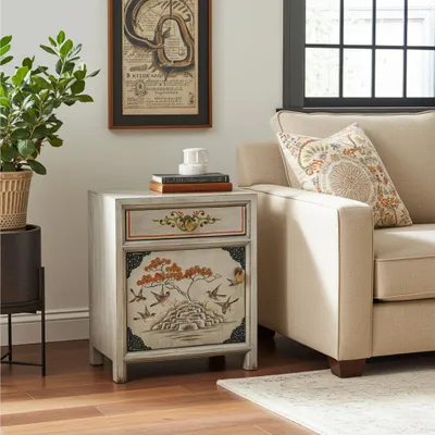 Produktbild von Nachtkästchen Nachttisch Nachtkommode Nachtschrank Schränkchen Kommode Schrank Möbel asiatisch orientalisch chinesisch fernöstlich beige-grau Vintage