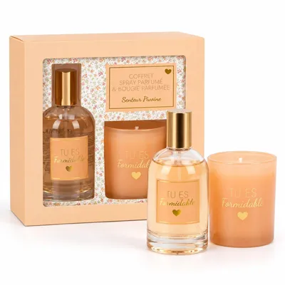 Imagen del producto de Set de regalo de vela aromática y ambientador para el hogar – Aroma a peonías – Colores naranja y dorado – Ambientador para el hogar – Regalo para mujeres
