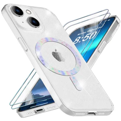 Immagine prodotto di Custodia MagSafe glitter e 2x vetro protettivo per iPhone 14, copertura in pellicola trasparente per il display