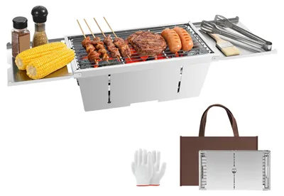 Productafbeelding van Draagbare, inklapbare grill. Roestvrijstalen houtskoolgrill, tafelgrill