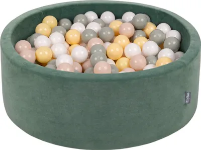Produktbild von KiddyMoon rund bällebad velvet bällepool 90x30cm/200 bälle ∅ 7cm ballgruben für babys spielbad kleinkinder, hergestellt in der eu, waldgrün: pastellbeige/grüngrau/pastellgelb/weiß