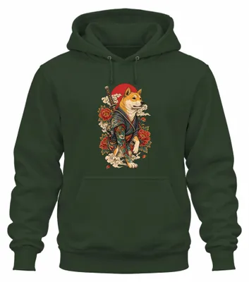 Produktbild von Shiba Inu Samurai Katana Japan Tattoo Yakuza Y2K Akita Hoodie Kapuzenpullover, Flaschengrün, XL