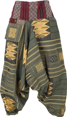 Produktbild von Haremshose mit Breitem Gewebtem Bund, Ikat Thai Pluderhose - Olive, Damen, Grün, Baumwolle, Hosen