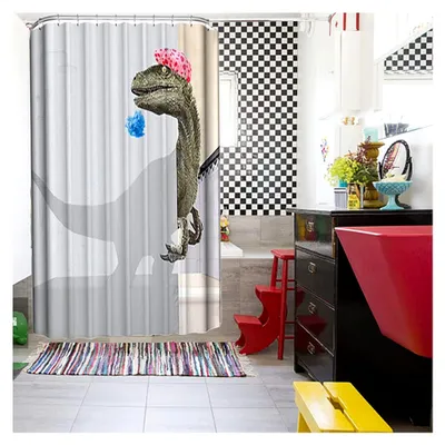 Produktbild von Duschvorhang mit Dinosaurier-Motiv, schimmelresistent und wasserdicht, inklusive 12 Duschvorhangringen, 180x180cm