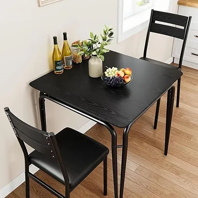 Image de Ensemble de table et chaises – Set de 3 pièces pour table de cuisine – Table avec chaises – Bois noir mat et métal – Design gain de place