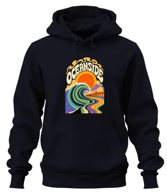 Productafbeelding van Oceanside Surf Wave Retro Pier Sunset Beach California Hoodie, marineblauw, maat S