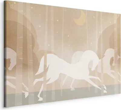 Produktbild von Italienischer Leinwand Leinwandbild - Moon Horses - Horses Galloping Among Trees on a Starry Night 90x60 cm Für Kinder e-A-10140-b-a