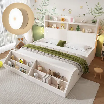 Immagine prodotto di Letto in legno Abrihome 140x200 cm letto per ragazzi con contenitore, luci notturne e libreria, letto per bambini con rete a doghe, bianco