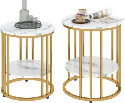 Produktbild von HOMCOM Couchtisch rund 2er Set Beistelltisch mit Ablage Stahlrahmen Marmoroptik