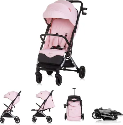 A collage of images showing a pink baby stroller in various configurations, including folded and upright.