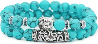 Produktbild von 2-teiliges Armband mit Buddha Kopf, Naturstein, Damen Herren, J0252 Türkis
