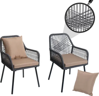 Image de set de 2 chaises de jardin HWC-O12, coussin d'assise/de dossier Outdoor aluminium corde tressée ~ anthracite, housse taupe