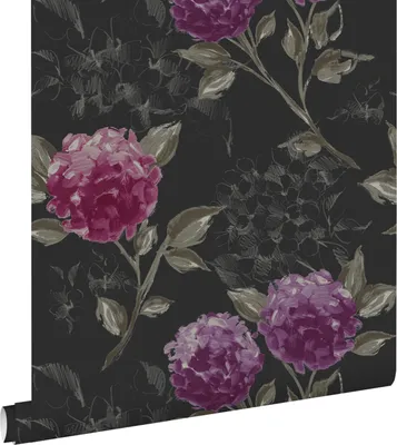 Produktbild von ESTAhome Tapete Hortensien Schwarz und Aubergineviolett 53 cm x 10.05 m
