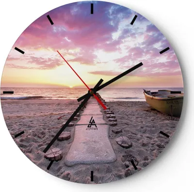 Produktbild von Wanduhr - Rund - Glasuhr - Boot Strand Himmel - 30x30cm - Schleichendes Uhrwerk - Lautlos - zum Aufhängen bereit - Dekoration Modern - Wanddekoration aus Glas - C3AR30x30-5064