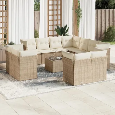Produktbild von Design 12-tlg. Garten-Sofagarnitur mit Kissen Beige Poly Rattan, Gartenmöbel-Sets 2024 Neu
