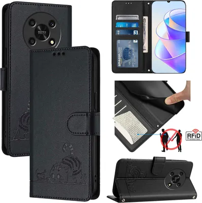 Produktbild von Leder Hülle für Honor X9 / X9 5G Süße Katze Flip Case Brieftasche Schutzhülle mit Standfunktion Schwarz
