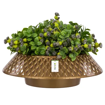 Produktbild von Friedhofsschale Rund Blumentopf Ø 23 cm Kunststoff Dekorative Blumenschale im Glänz Gold, durchbrochene Dekoration - Grabstein-Blumenarrangements - für lebende und künstliche Blumen