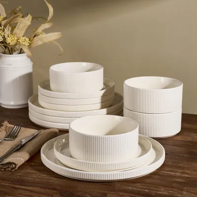 Imagen del producto de Juego de porcelana Dinerset, de 12 piezas, color crema, que incluye platos y cuencos, ideal para la cocina