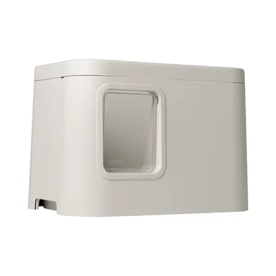 A white cat litter box with a clear window on a white background.