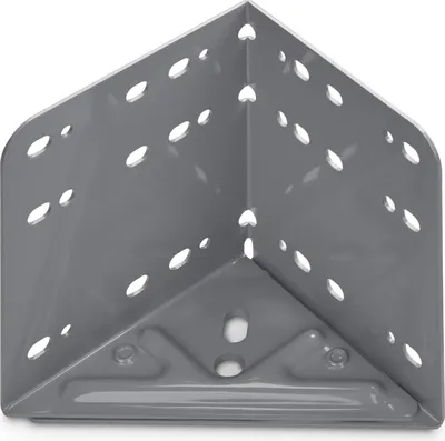 A gray metal corner bracket with many small oval-shaped holes.