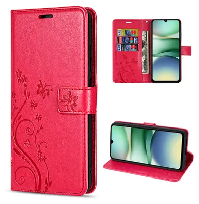 A collage of images showing a red flip phone case with a floral design, a phone inside the case, and cards in the case.