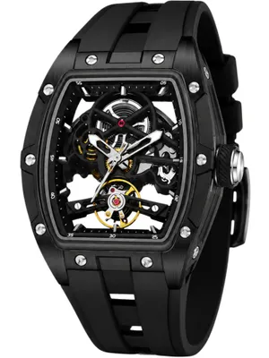 Produktbild von Automatikuhr Armbanduhr Herren Uhr Edelstahl Silikon Skelett Skelleton Rechteckig Schwarz