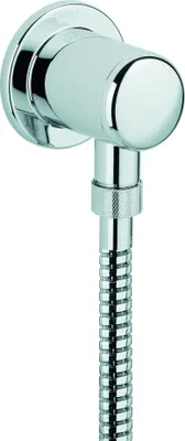 A chrome-plated shower hose connector mounted on a wall.