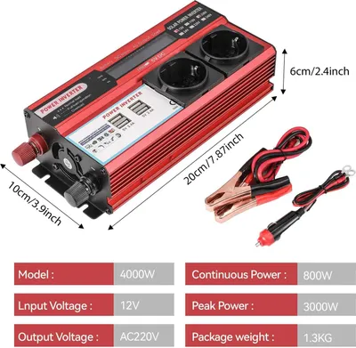 Produktbild von Auto Wechselrichter - Spannungswandler 4000W - 12V DC auf 220/230V AC - 2 EU-Steckdosen - 4 USB-Ports Schnellladen - LED-Display - Für Auto Wohnmobil Notstrom